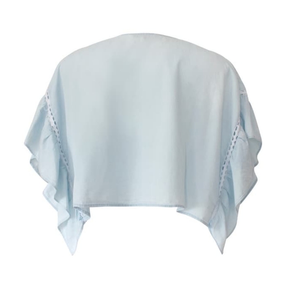 BCBGeneration Top Cropped Ruffled Short Sleeve White Eyelet Chambray Blue L NWT - Picture 9 of 16